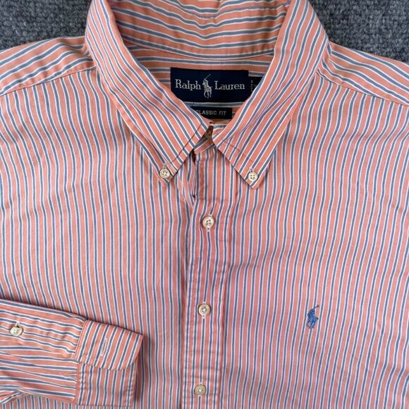 Ralph Lauren Button Up Shirt Long Sleeve Cotton 17 34/35 Orange Striped Classic - Picture 1 of 11